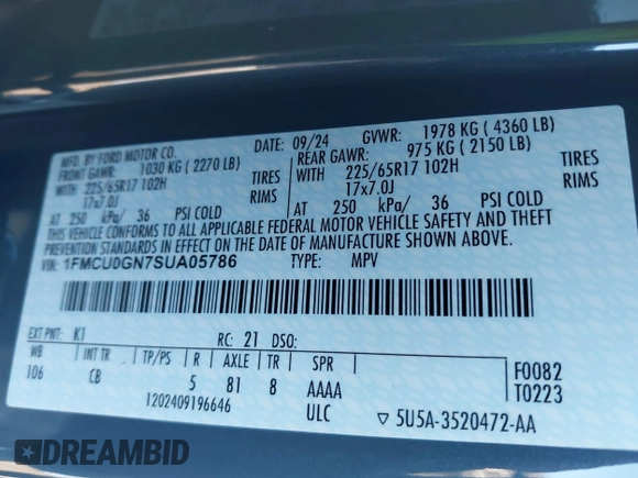 2025 Ford Escape Active with VIN 1FMCU0GN7SUA05786, listed as a IAAI auction lot 41440410 with 889 mi miles. Bid and sale history available at carsss.com. Image 9.