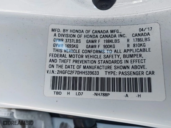 2017 Honda Civic Sedan EX with VIN 2HGFC2F70HH539633, listed as a IAAI auction lot 41678377 with 80,169 mi miles. Bid and sale history available at carsss.com. Image 9.