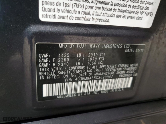 2012 Subaru Legacy 2.5i with VIN 4S3BMBA68C3020947, listed as a Copart auction lot 47524005 with 55,463 mi miles and Salvage Title. Bid and sale history available at carsss.com. Image 14.