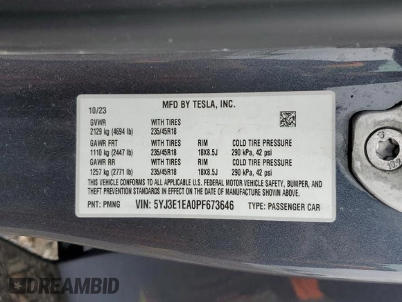 2023 Tesla Model 3 с VIN 5YJ3E1EA0PF673646, выставлен на аукционе Copart как лот 60698645 с пробегом 32 325 миль миль и Списание • Salvage title. История ставок и продаж доступна на DreamBid. Изображение 13.