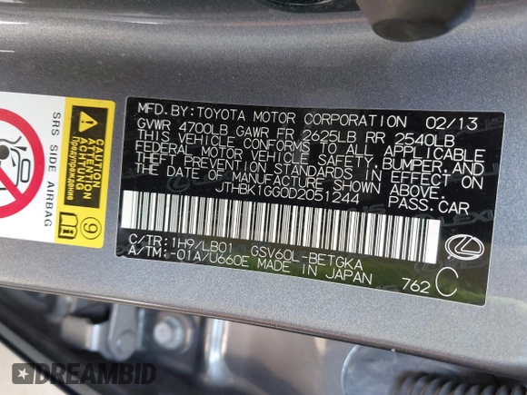 2013 Lexus ES 250 with VIN JTHBK1GG0D2051244, listed as a IAAI auction lot 42028587 with 59,522 mi miles and . Bid and sale history available at DreamBid. Image 9.