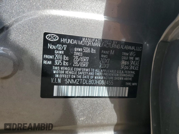 2018 Hyundai Santa Fe 2.4L с VIN 5NMZTDLB0JH088455, выставлен на аукционе Copart как лот 64725135 с пробегом 49 304 миль миль и Списание • Salvage title. История ставок и продаж доступна на DreamBid. Изображение 13.