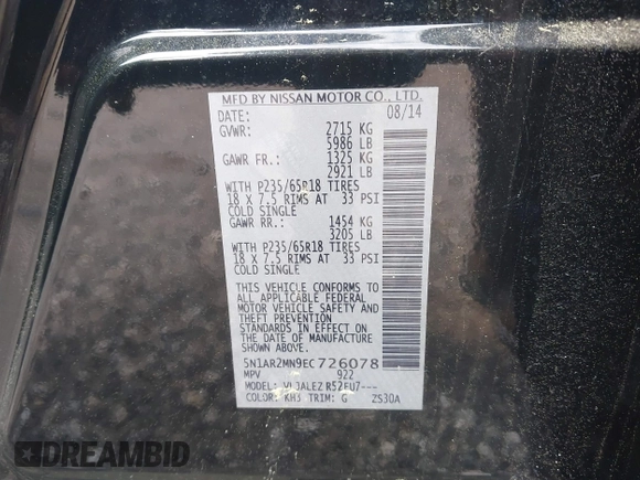 2014 Nissan Pathfinder SV with VIN 5N1AR2MN9EC726078, listed as a IAAI auction lot 42144991 with 176,036 mi miles. Bid and sale history available at carsss.com. Image 9.