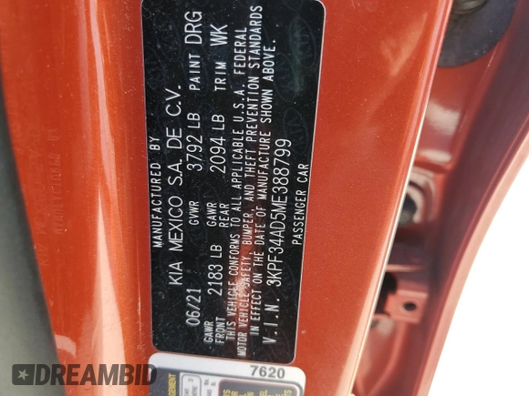 2021 Kia Forte GT-Line z VIN 3KPF34AD5ME388799, wystawiony jako Copart lot #57586455 z przebiegiem 51 264 mil mil oraz Szkoda całkowita • Salvage title. Historia ofert i sprzedaży dostępna na DreamBid. Obrazek 12.