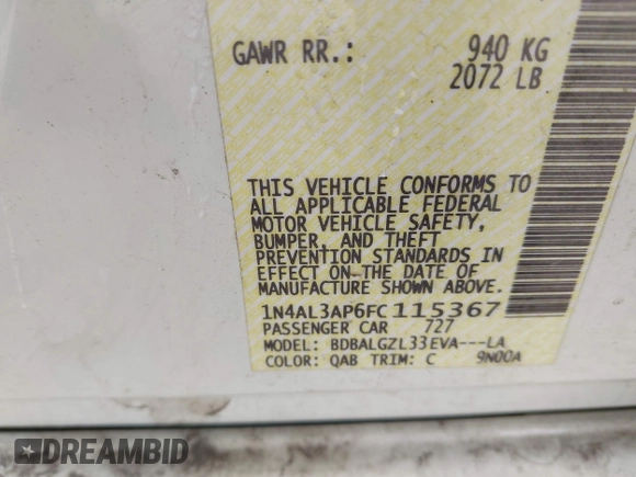 2015 Nissan Altima SV z VIN 1N4AL3AP6FC115367, wystawiony jako IAAI lot #42128044 z przebiegiem 110 383 mil mil oraz . Historia ofert i sprzedaży dostępna na DreamBid. Obrazek 9.