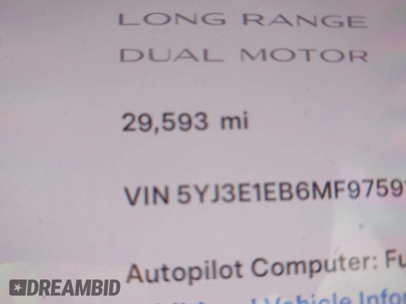 2021 Tesla Model 3 Long Range with VIN 5YJ3E1EB6MF975916, listed as a IAAI auction lot 40713749 with 29,593 mi miles and . Bid and sale history available at DreamBid. Image 14.