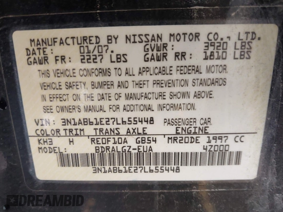 2007 Nissan Sentra 2.0 с VIN 3N1AB61E27L655448, выставлен на аукционе IAAI как лот 41587772 с пробегом 184 202 миль миль и . История ставок и продаж доступна на DreamBid. Изображение 9.