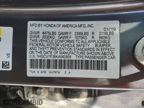 2019 Honda Accord Sport with VIN 1HGCV1F36KA043505, listed as a Copart auction lot 52992535 with 110,742 mi miles and Salvage Title. Bid and sale history available at DreamBid. Image 12.