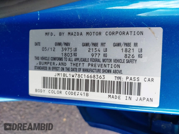 2012 Mazda 3 i Grand Touring with VIN JM1BL1W78C1668363, listed as a IAAI auction lot 41485816 with 190,522 mi miles and . Bid and sale history available at DreamBid. Image 9.