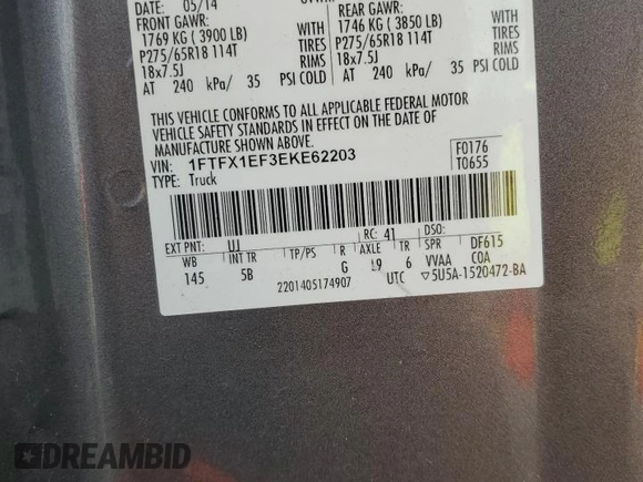 2014 Ford F-150 XL with VIN 1FTFX1EF3EKE62203, listed as a Copart auction lot 57868375 with 106,521 mi miles and Clean title. Bid and sale history available at DreamBid. Image 13.