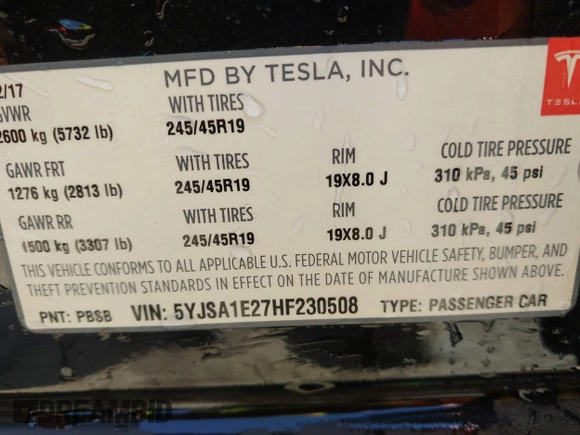 2017 Tesla Model S 100D with VIN 5YJSA1E27HF230508, listed as a IAAI auction lot 42040511 with 98,693 mi miles. Bid and sale history available at carsss.com. Image 9.
