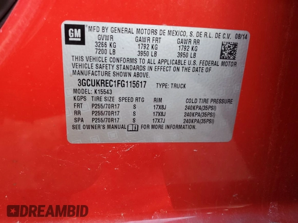 2015 Chevrolet Silverado 1500 LT with VIN 3GCUKREC1FG115617, listed as a Copart auction lot 42639925 with 142,330 mi miles and Clean Title. Bid and sale history available at DreamBid. Image 12.