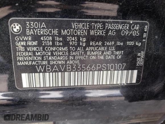 2006 BMW 3 Series 330i with VIN WBAVB33566PS10107, listed as a Copart auction lot 71711504 with 144,308 mi miles and Salvage Title. Bid and sale history available at DreamBid. Image 13.