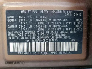 2012 Subaru Outback Limited with VIN 4S4BRDKC8C2281675, listed as a Copart auction lot 59272695 with 88,954 mi miles and Salvage title. Bid and sale history available at DreamBid. Image 13.
