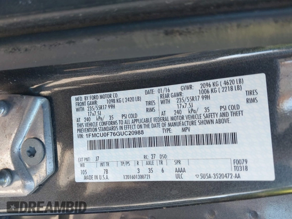 2016 Ford Escape S with VIN 1FMCU0F76GUC20988, listed as a IAAI auction lot 41561524 with 1 mi miles. Bid and sale history available at carsss.com. Image 9.