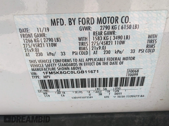 2020 Ford Explorer ST with VIN 1FM5K8GC0LGB11671, listed as a IAAI auction lot 41775713 with 86,132 mi miles and . Bid and sale history available at DreamBid. Image 9.