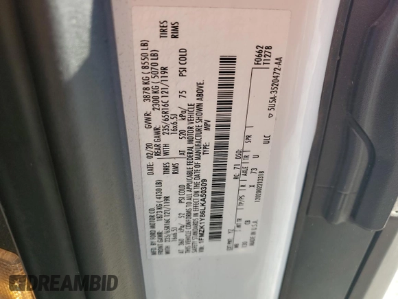 2020 Ford Transit Passenger XL z VIN 1FMZK1Y86LKA50309, wystawiony jako Copart lot #75842834 z przebiegiem 78 110 mil mil oraz Szkoda całkowita • Salvage title. Historia ofert i sprzedaży dostępna na DreamBid. Obrazek 13.