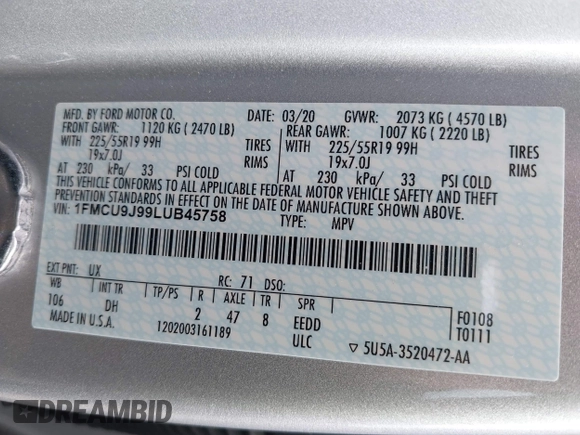 2020 Ford Escape Titanium с VIN 1FMCU9J99LUB45758, выставлен на аукционе IAAI как лот 42286143 с пробегом 51 177 миль миль и . История ставок и продаж доступна на DreamBid. Изображение 9.