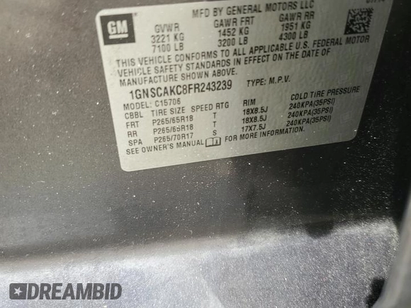 2015 Chevrolet Tahoe LS with VIN 1GNSCAKC8FR243239, listed as a Copart auction lot 53604445 with 155,881 mi miles and Salvage title. Bid and sale history available at DreamBid. Image 13.