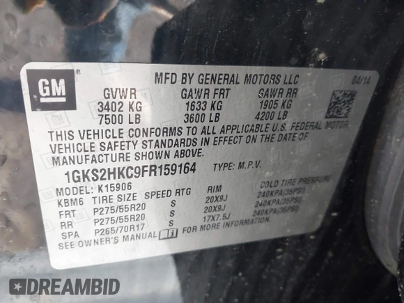 2015 GMC Yukon XL SLT with VIN 1GKS2HKC9FR159164, listed as a IAAI auction lot 41708822 with 136,730 mi miles. Bid and sale history available at carsss.com. Image 9.