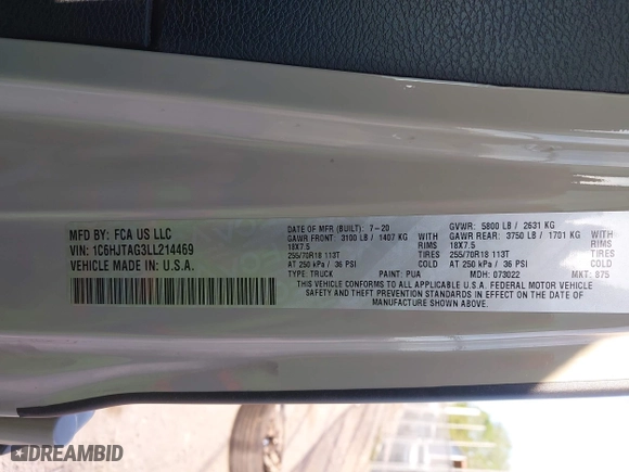2020 Jeep Gladiator Sport S with VIN 1C6HJTAG3LL214469, listed as a IAAI auction lot 42017170 with 114,599 mi miles. Bid and sale history available at carsss.com. Image 9.