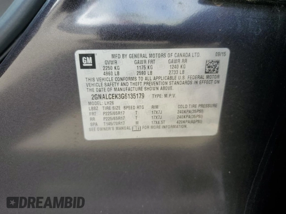2016 Chevrolet Equinox LT with VIN 2GNALCEK3G6135179, listed as a Copart auction lot 51582785 with 48,526 mi miles and Salvage Title. Bid and sale history available at carsss.com. Image 12.