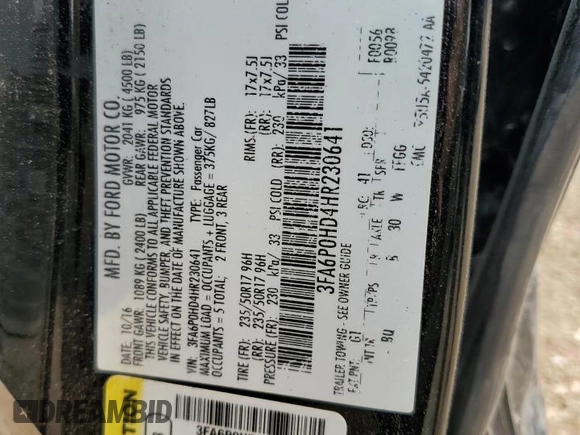 2017 Ford Fusion SE с VIN 3FA6P0HD4HR230641, выставлен на аукционе Copart как лот 59364955 с пробегом 147 612 миль миль и Списание • Salvage title. История ставок и продаж доступна на DreamBid. Изображение 13.