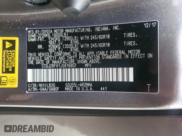 2018 Toyota Highlander SE with VIN 5TDJZRFH1JS816807, listed as a Copart auction lot 57179805 with 92,327 mi miles and Salvage title. Bid and sale history available at DreamBid. Image 14.