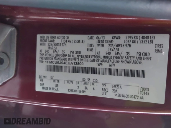 2014 Ford Escape Titanium with VIN 1FMCU9J94EUA13509, listed as a IAAI auction lot 41291232 with 174,303 mi miles. Bid and sale history available at carsss.com. Image 9.