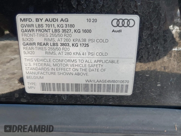 2021 Audi e-tron Premium Plus with VIN WA1LAAGE4MB010570, listed as a IAAI auction lot 41398464 with 67,721 mi miles. Bid and sale history available at carsss.com. Image 9.