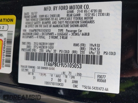 2018 Ford Mustang GT с VIN 1FA6P8CF9J5105053, выставлен на аукционе IAAI как лот 42164580 с пробегом Не указан миль и . История ставок и продаж доступна на DreamBid. Изображение 9.