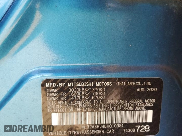 2020 Mitsubishi Mirage ES z VIN ML32A3HJ4LH010981, wystawiony jako Copart lot #45940635 z przebiegiem Nie podano mil oraz Nie do naprawy • Non repairable. Historia ofert i sprzedaży dostępna na DreamBid. Obrazek 12.