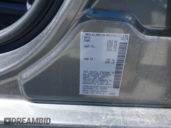 2025 Nissan Altima SR with VIN 1N4BL4CV1SN308241, listed as a IAAI auction lot 41807739 with 13,927 mi miles and . Bid and sale history available at DreamBid. Image 9.