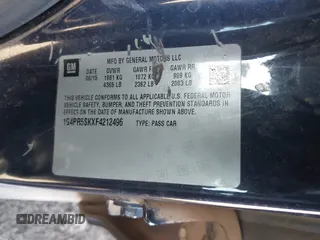 2015 Buick Verano Convenience Group with VIN 1G4PR5SKXF4212496, listed as a IAAI auction lot 42057801 with 279,039 mi miles. Bid and sale history available at carsss.com. Image 9.