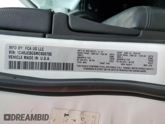 2021 Jeep Grand Cherokee Limited with VIN 1C4RJEBG6MC656705, listed as a Copart auction lot 47607145 with 69,237 mi miles and Salvage title. Bid and sale history available at DreamBid. Image 15.