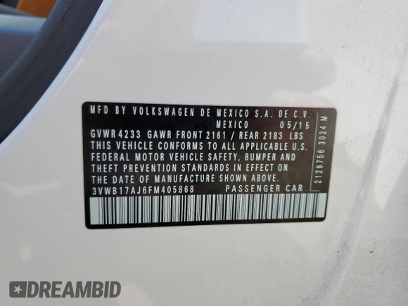 2015 Volkswagen Jetta Sport with VIN 3VWB17AJ6FM405868, listed as a Copart auction lot 66200544 with 120,508 mi miles and Salvage title. Bid and sale history available at DreamBid. Image 12.