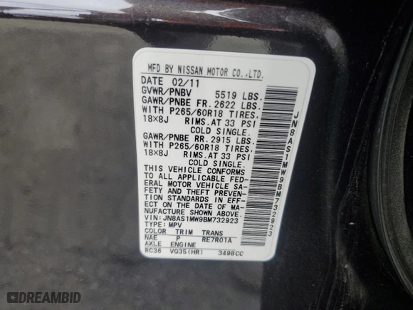 2011 Infiniti FX35 with VIN JN8AS1MW9BM732923, listed as a Copart auction lot 51022215 with 0 mi miles and Salvage Title. Bid and sale history available at carsss.com. Image 13.