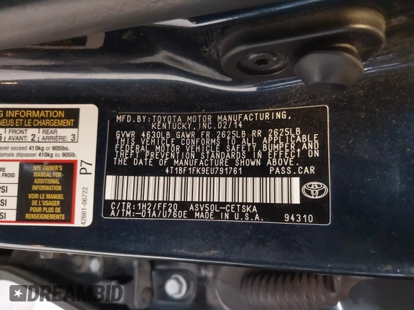 2014 Toyota Camry L with VIN 4T1BF1FK9EU791761, listed as a IAAI auction lot 41758821 with 221,149 mi miles. Bid and sale history available at carsss.com. Image 9.