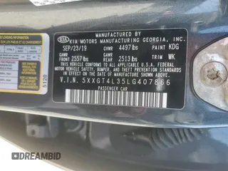 2020 Kia Optima SE z VIN 5XXGT4L35LG407866, wystawiony jako Copart lot #57312695 z przebiegiem 79 256 mil mil oraz Szkoda całkowita • Salvage title. Historia ofert i sprzedaży dostępna na DreamBid. Obrazek 12.