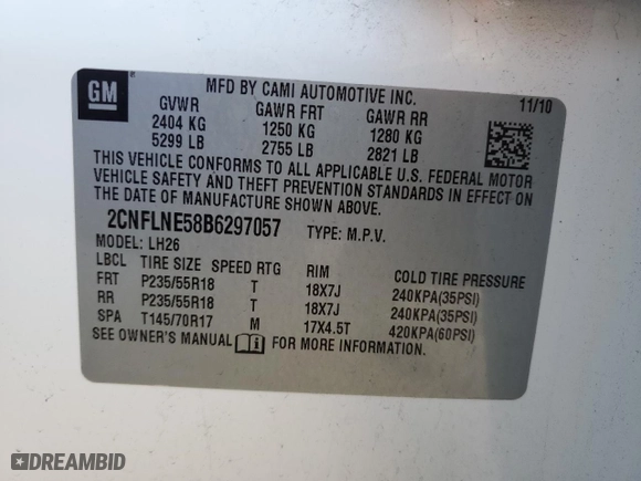 2011 Chevrolet Equinox LT w/2LT with VIN 2CNFLNE58B6297057, listed as a Copart auction lot 42135655 with 161,118 mi miles and Salvage Title. Bid and sale history available at carsss.com. Image 12.