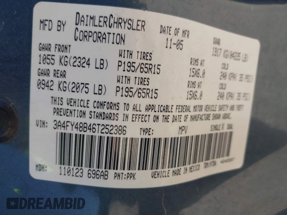 2006 Chrysler PT Cruiser with VIN 3A4FY48B46T252386, listed as a IAAI auction lot 42540111 with 142,641 mi miles and . Bid and sale history available at DreamBid. Image 9.