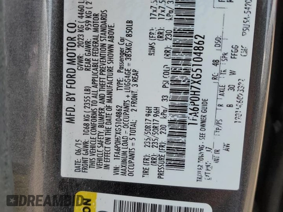 2016 Ford Fusion SE with VIN 1FA6P0H7XG5104862, listed as a Copart auction lot 60153225 with 124,759 mi miles and Clean title. Bid and sale history available at DreamBid. Image 13.