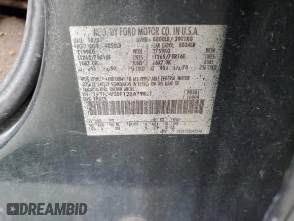2002 Ford F-250 XL with VIN 1FTNW20F12EA79821, listed as a Copart auction lot 49194604 with 466,631 mi miles and Salvage Title. Bid and sale history available at DreamBid. Image 12.