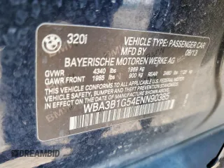 2014 BMW 3 Series 320i with VIN WBA3B1G54ENN90385, listed as a Copart auction lot 59477835 with 183,692 mi miles and Clean title. Bid and sale history available at DreamBid. Image 13.
