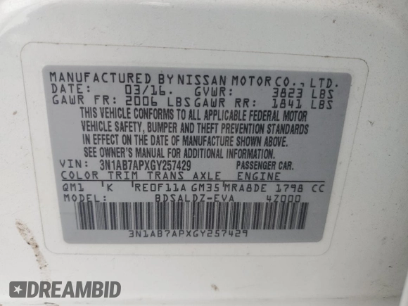 2016 Nissan Sentra SV with VIN 3N1AB7APXGY257429, listed as a Copart auction lot 51481995 with 182,104 mi miles and Salvage Title. Bid and sale history available at DreamBid. Image 13.