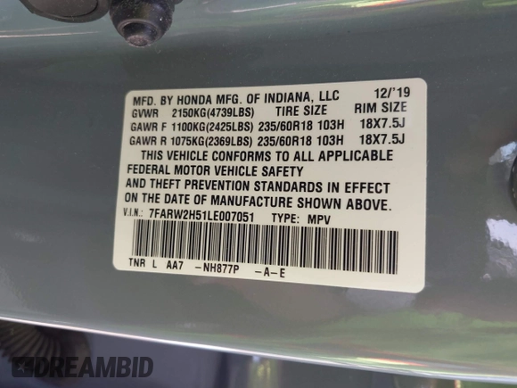 2020 Honda CR-V EX with VIN 7FARW2H51LE007051, listed as a IAAI auction lot 42071483 with 53,032 mi miles and . Bid and sale history available at DreamBid. Image 9.