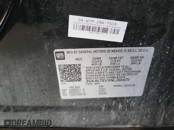 2022 GMC Terrain SLE with VIN 3GKALTEVXNL265475, listed as a IAAI auction lot 42682678 with 74,688 mi miles and . Bid and sale history available at DreamBid. Image 5.