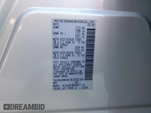 2019 Nissan Pathfinder SV с VIN 5N1DR2MN3KC639236, выставлен на аукционе Copart как лот 57177725 с пробегом 72 265 миль миль и Списание • Salvage title. История ставок и продаж доступна на DreamBid. Изображение 14.