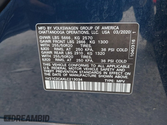 2020 Volkswagen Atlas with VIN 1V21C2CAXLC213034, listed as a IAAI auction lot 42649872 with 72,564 mi miles and . Bid and sale history available at DreamBid. Image 9.