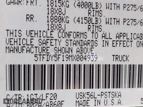 2021 Toyota Tundra SR5 with VIN 5TFDY5F19MX004939, listed as a IAAI auction lot 42197440 with 94,299 mi miles and . Bid and sale history available at DreamBid. Image 9.